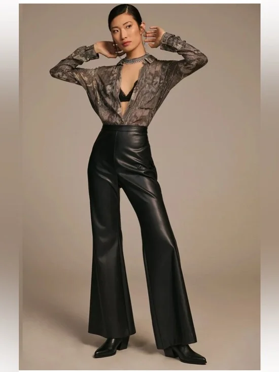 Anthropologie Hutch Faux Leather Pleather Black Flared Pants - Picture 1 of 6